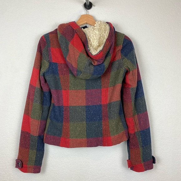 Hollister Jacket Plaid Wool Blend Faux Fur Trim Zip Up and Button Up Coat Sz XS - Picture 2 of 16